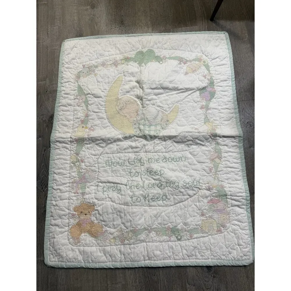 Vintage Precious Moments Cross Stitch Handmade Quilt Now I Lay Me Down 40”X32”